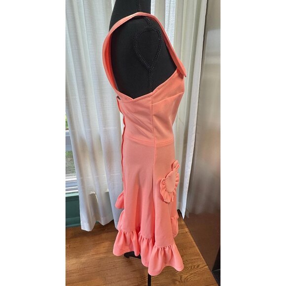 Vintage 80s pinafore dress, peach/coral, ruffled hem, round ruffle pockets - Picture 8 of 10